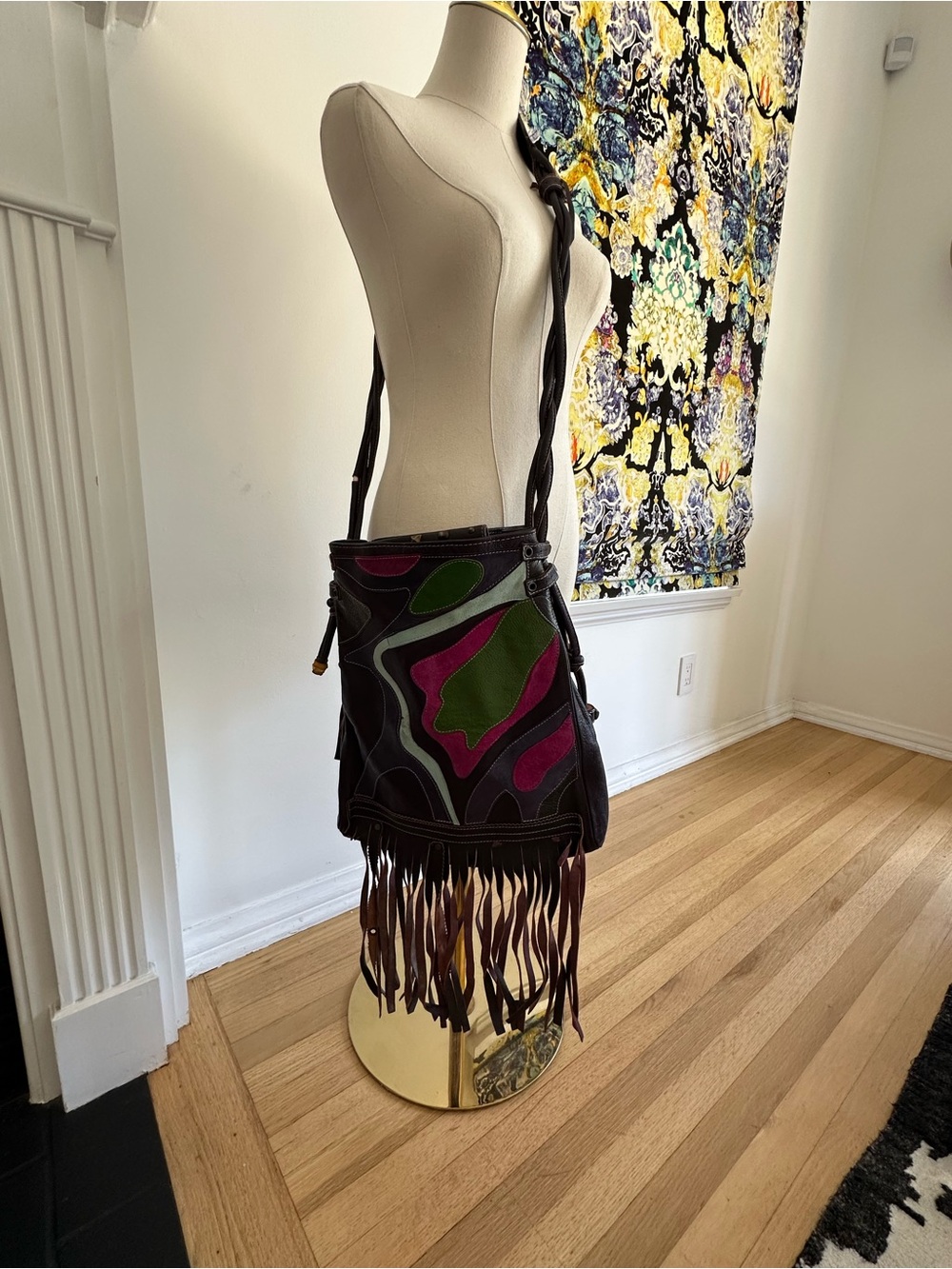 Vintage Emanuel Ungaro Patchwork Leather Fringe Crossbody Bag